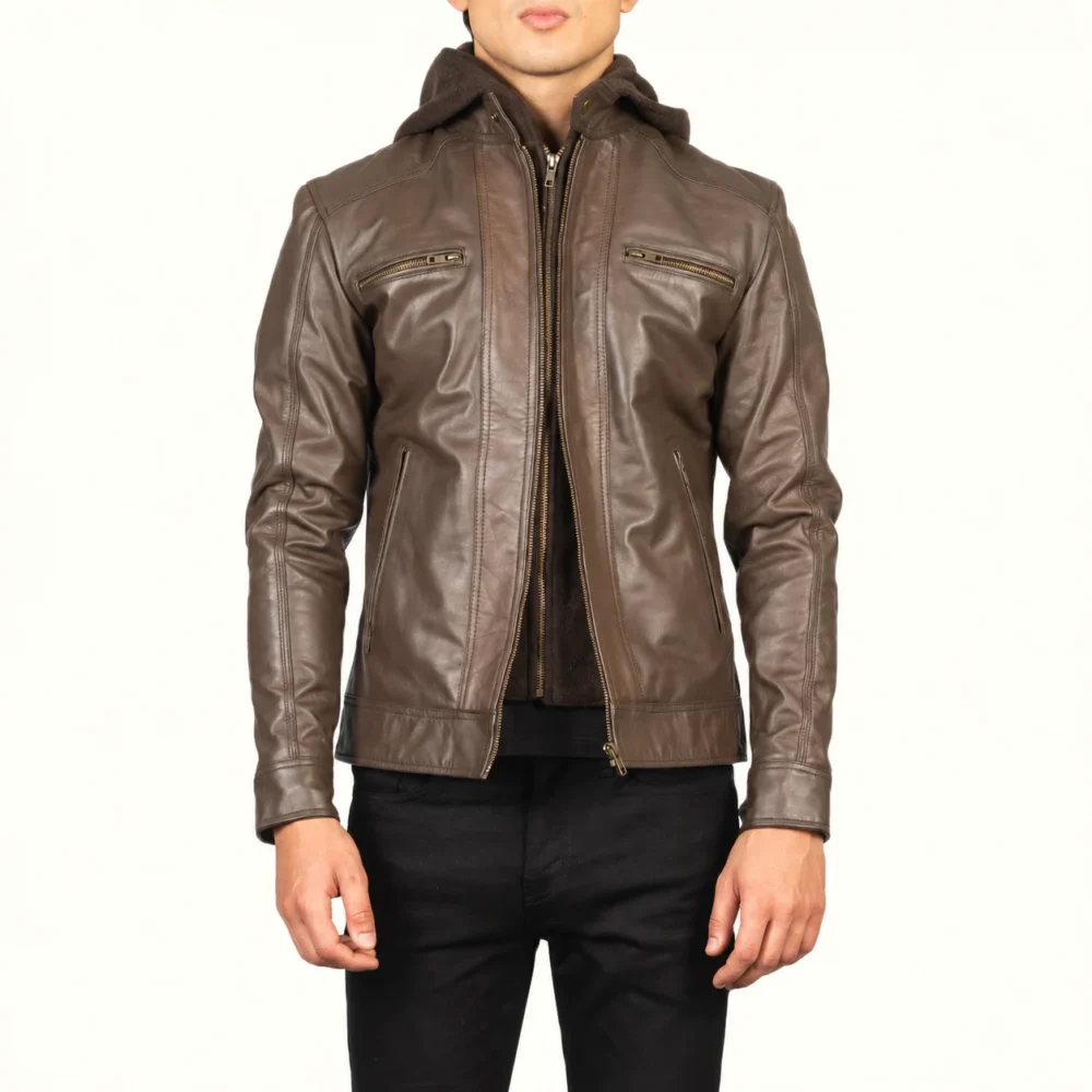 Hector Braune Biker Lederjacke mit Kapuze für Herren