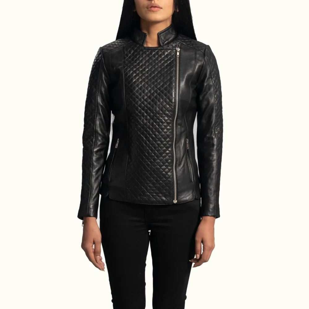 Elvina schwarze gesteppte Leder Bikerjacke für Damen aus Schafsleder Frontansicht geschlossen