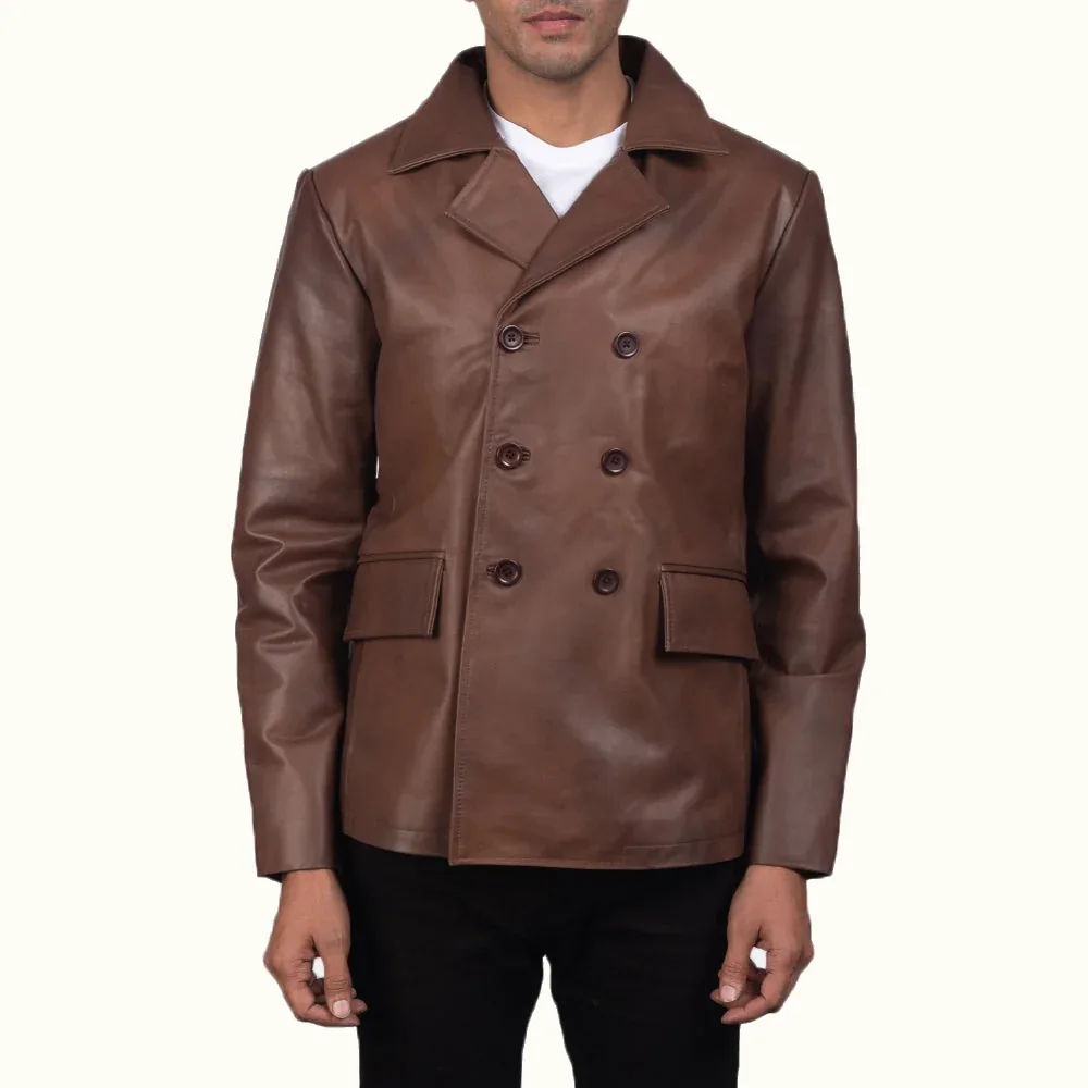 Hadrian brauner Leder Peacoat Herren Vorderansicht