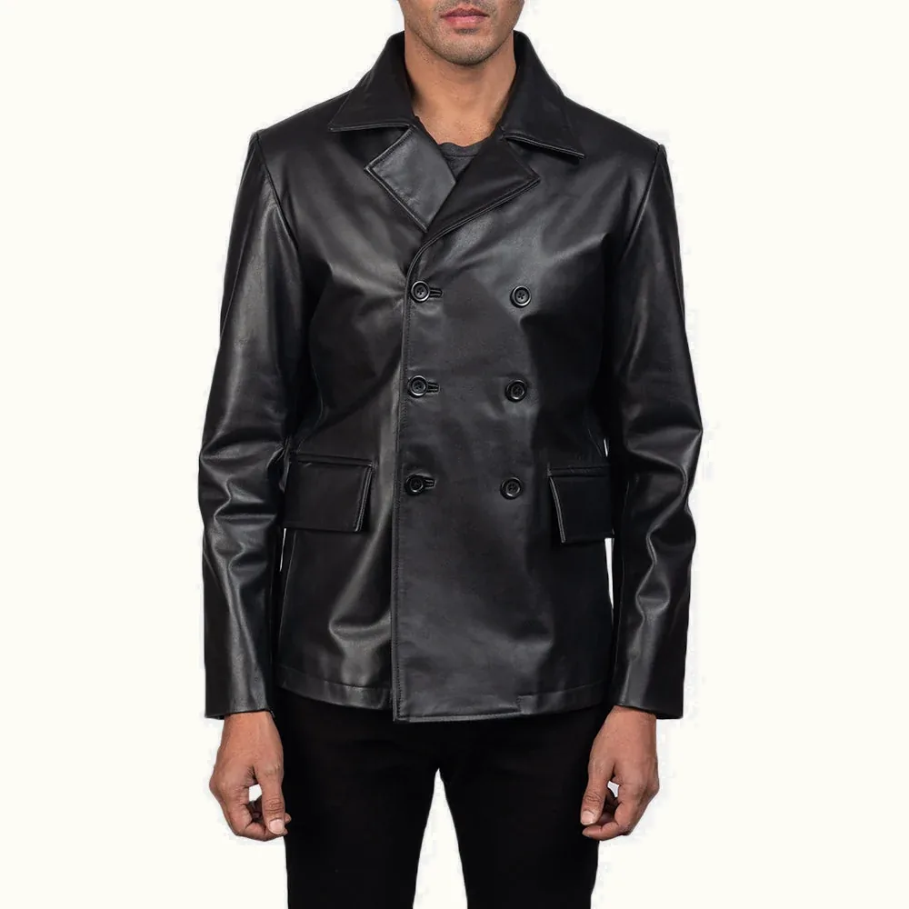 Hadrian schwarzer Leder Peacoat Herren Vorderansicht