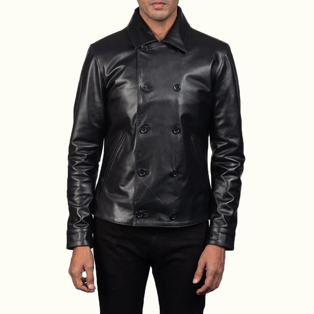 Leander schwarzer Leder Peacoat Herren Vorderansicht