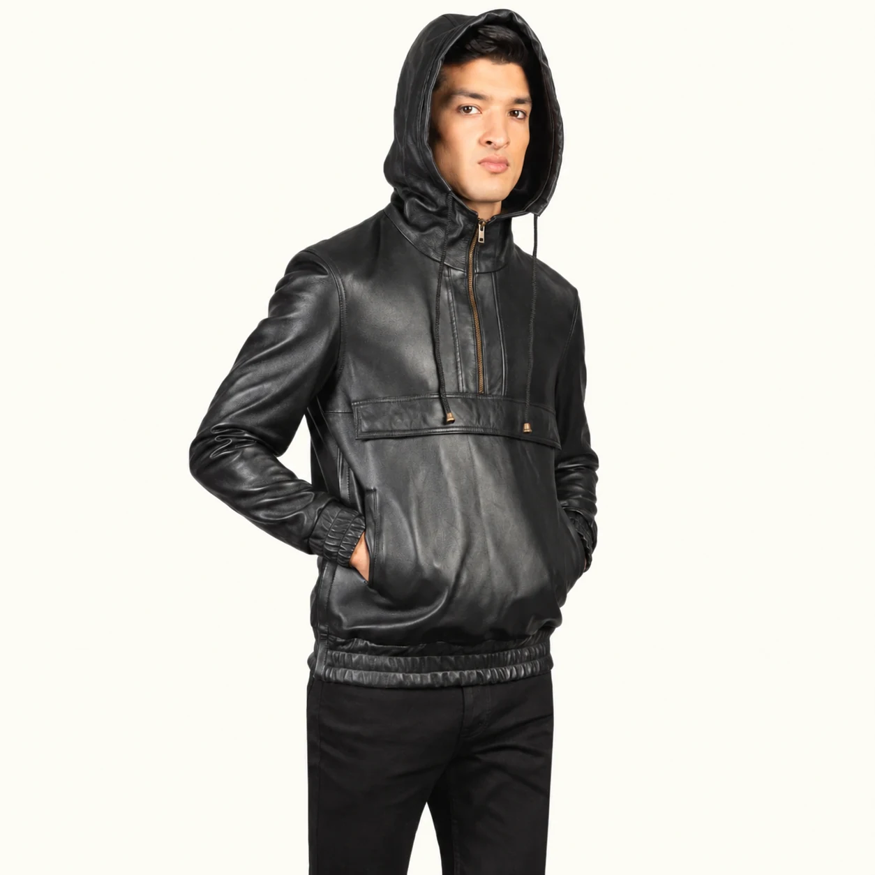 Kenton Schwarze Leder-Pulloverjacke mit Kapuze für Herren – Bild 3