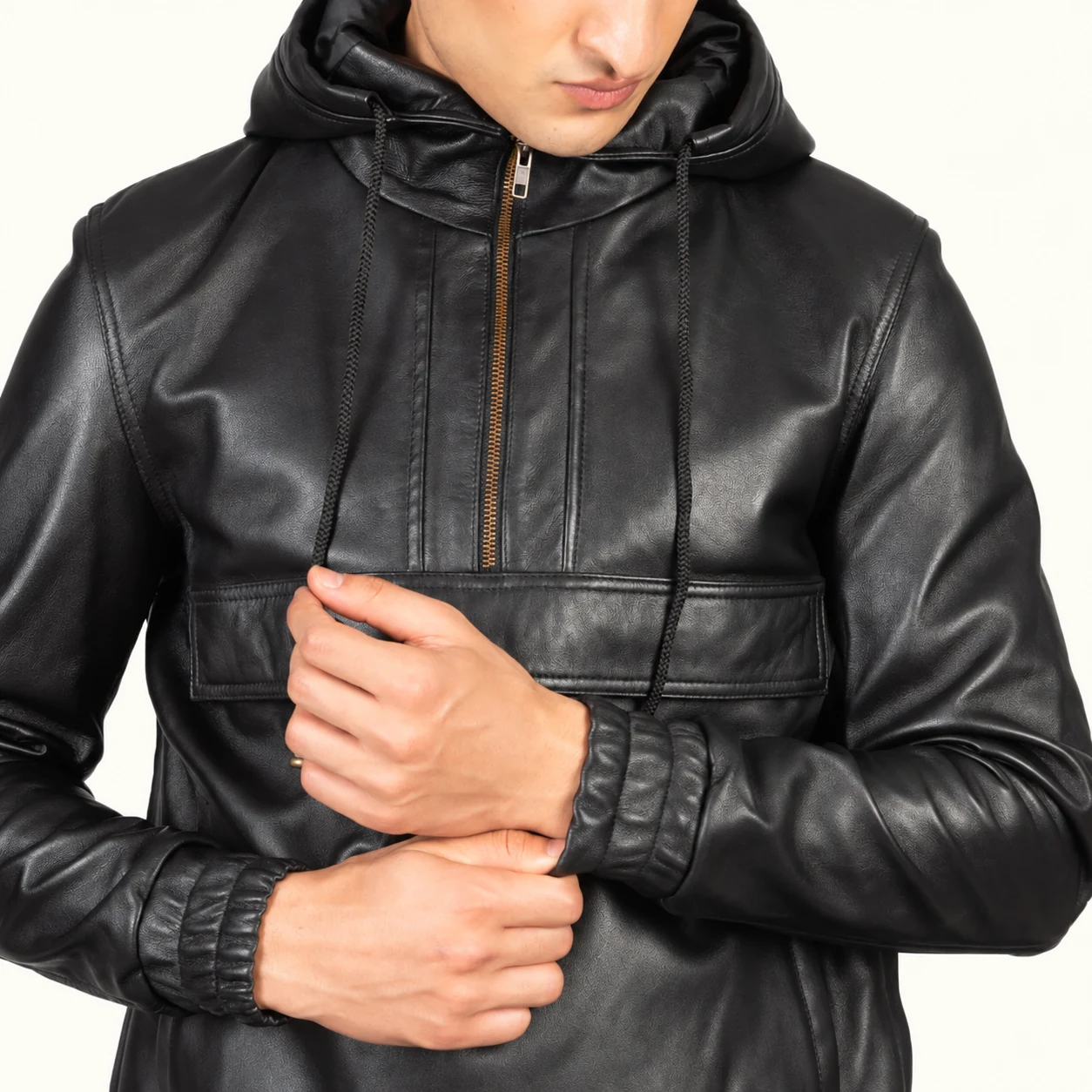 Kenton Schwarze Leder-Pulloverjacke mit Kapuze für Herren – Bild 5