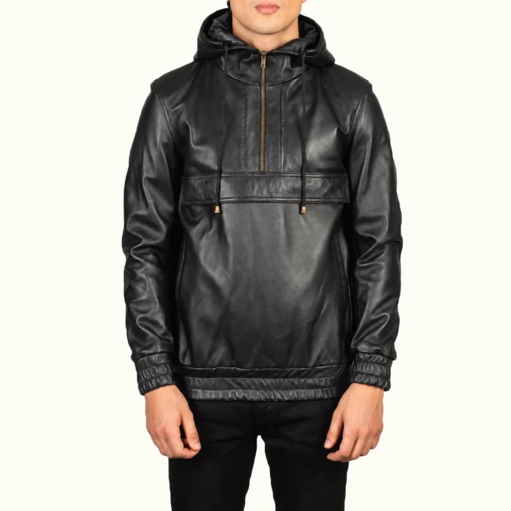 Kenton Schwarze Leder-Pulloverjacke mit Kapuze für Herren