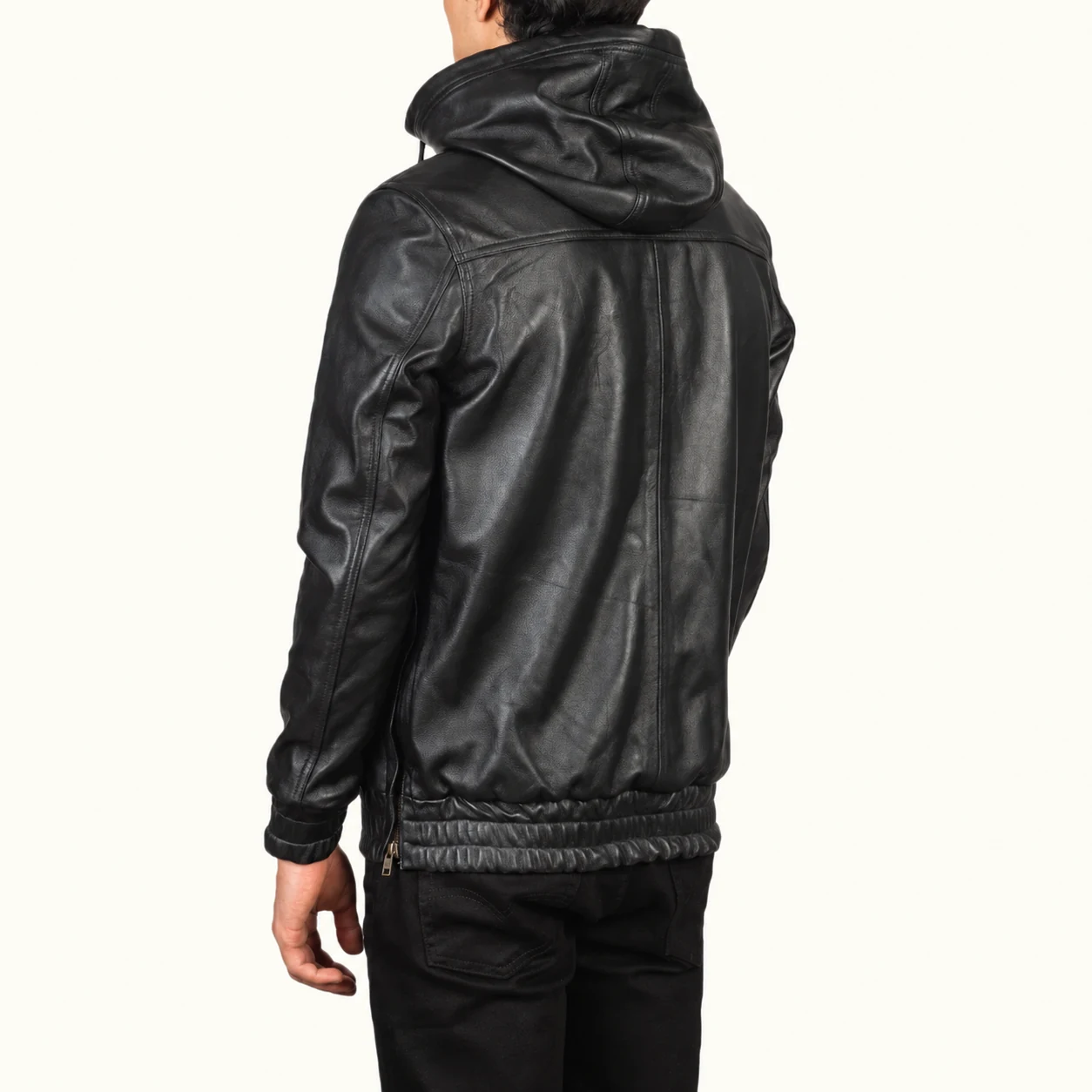 Kenton Schwarze Leder-Pulloverjacke mit Kapuze für Herren – Bild 4