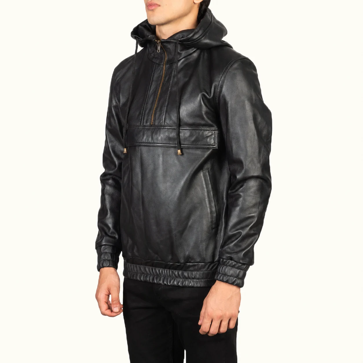 Kenton Schwarze Leder-Pulloverjacke mit Kapuze für Herren – Bild 2