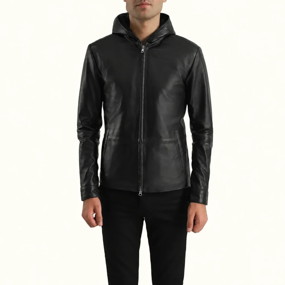 Kellan Mattschwarze Lederjacke mit Kapuze für Herren