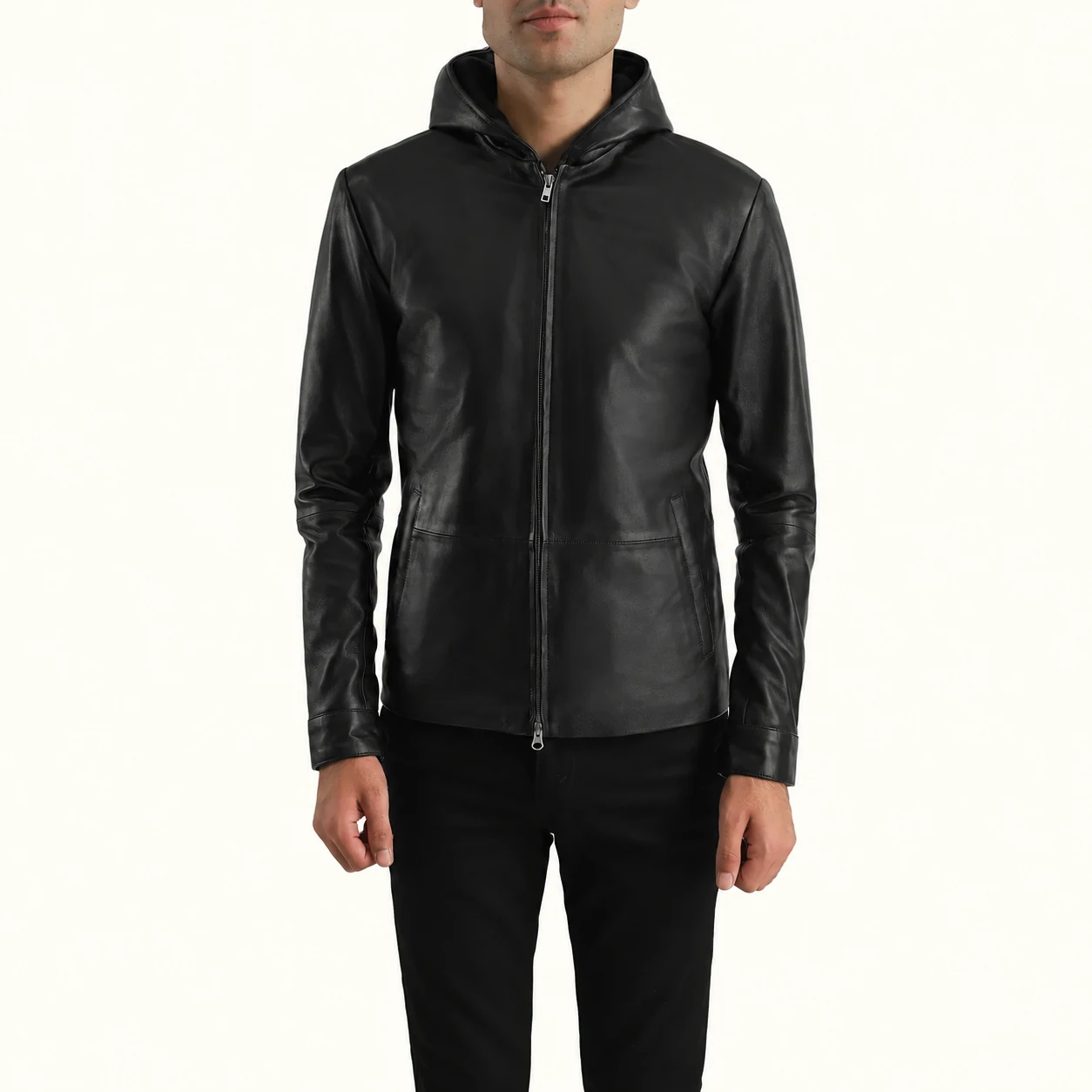 Kellan Mattschwarze Lederjacke mit Kapuze für Herren