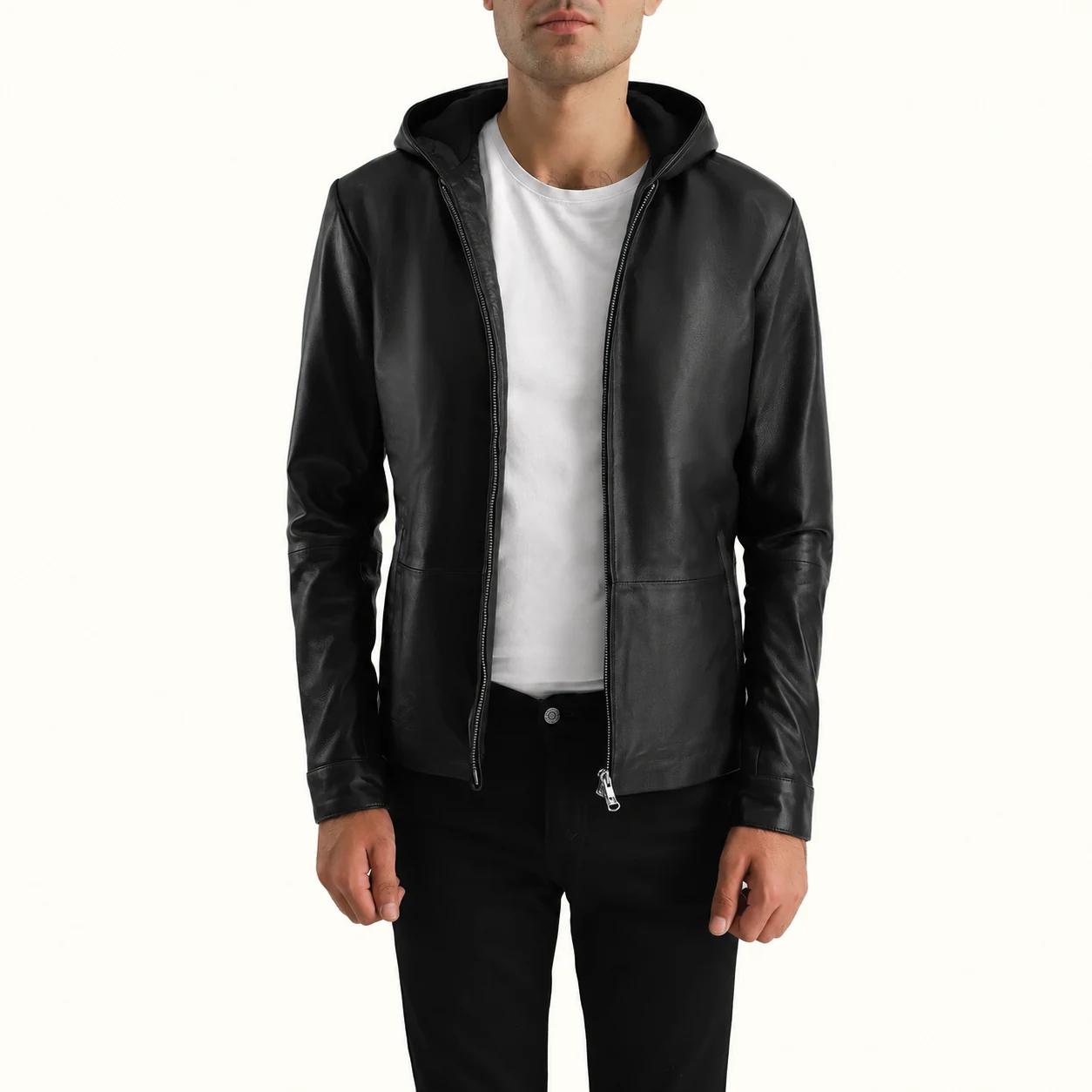 Kellan Mattschwarze Lederjacke mit Kapuze für Herren – Bild 2