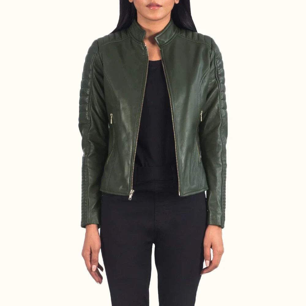 Leona grüne gesteppte Leder Bikerjacke für Damen aus Schafsleder Frontansicht offen