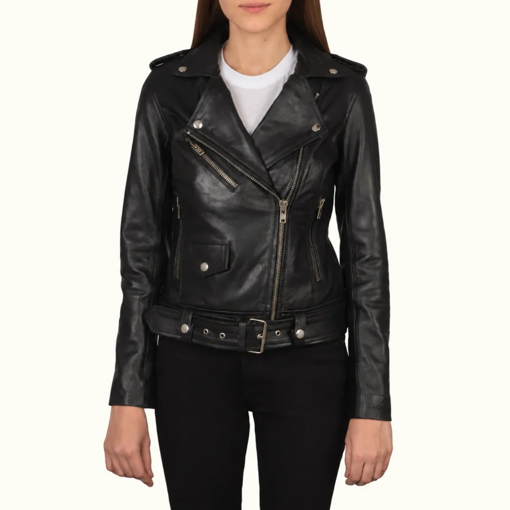 Liora schwarze Leder Bikerjacke für Damen aus Rindsleder Frontansicht