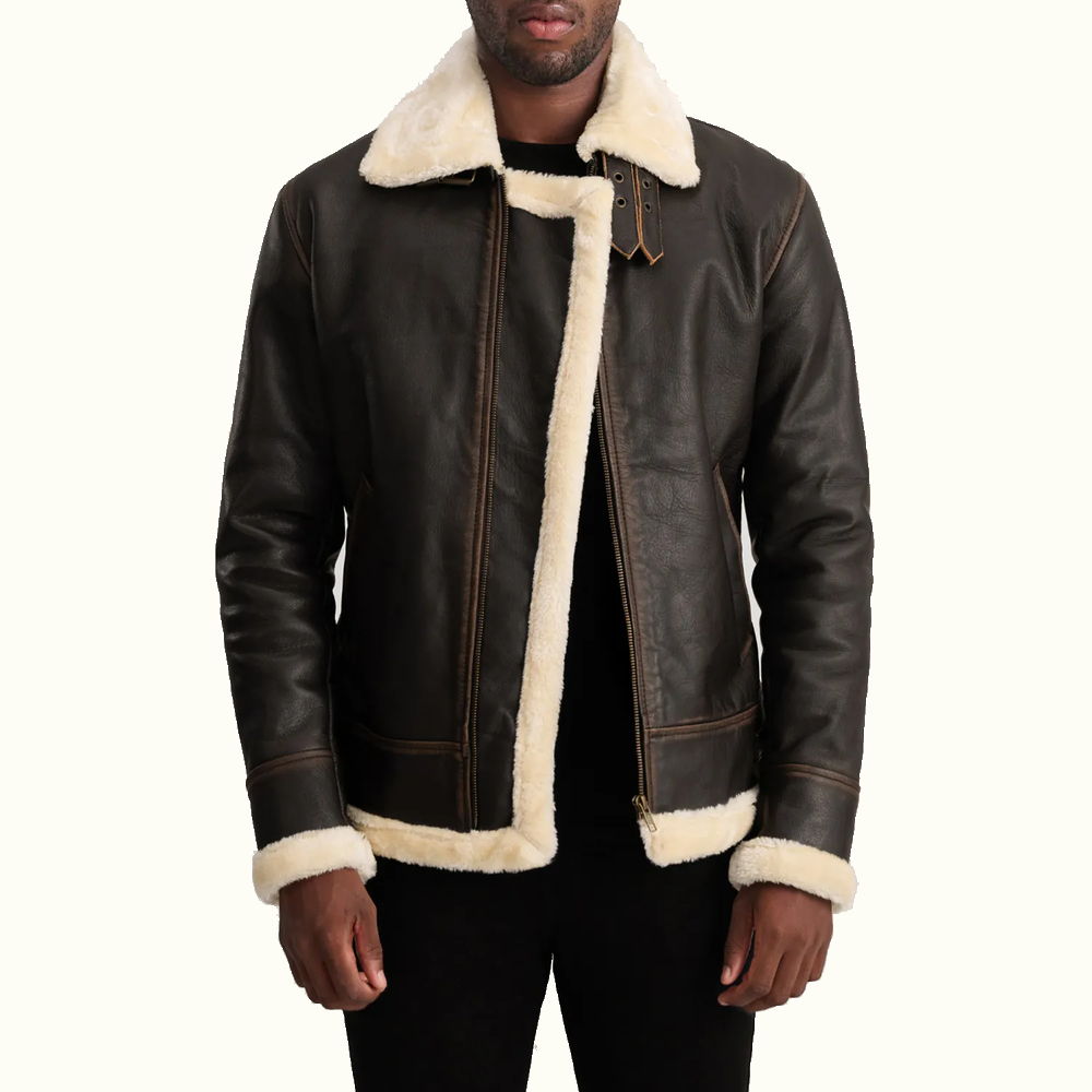 Magnus B-3 Leder Fliegerjacke für Herren in Braun-Creme mit Kunstfell offene Vorderansicht