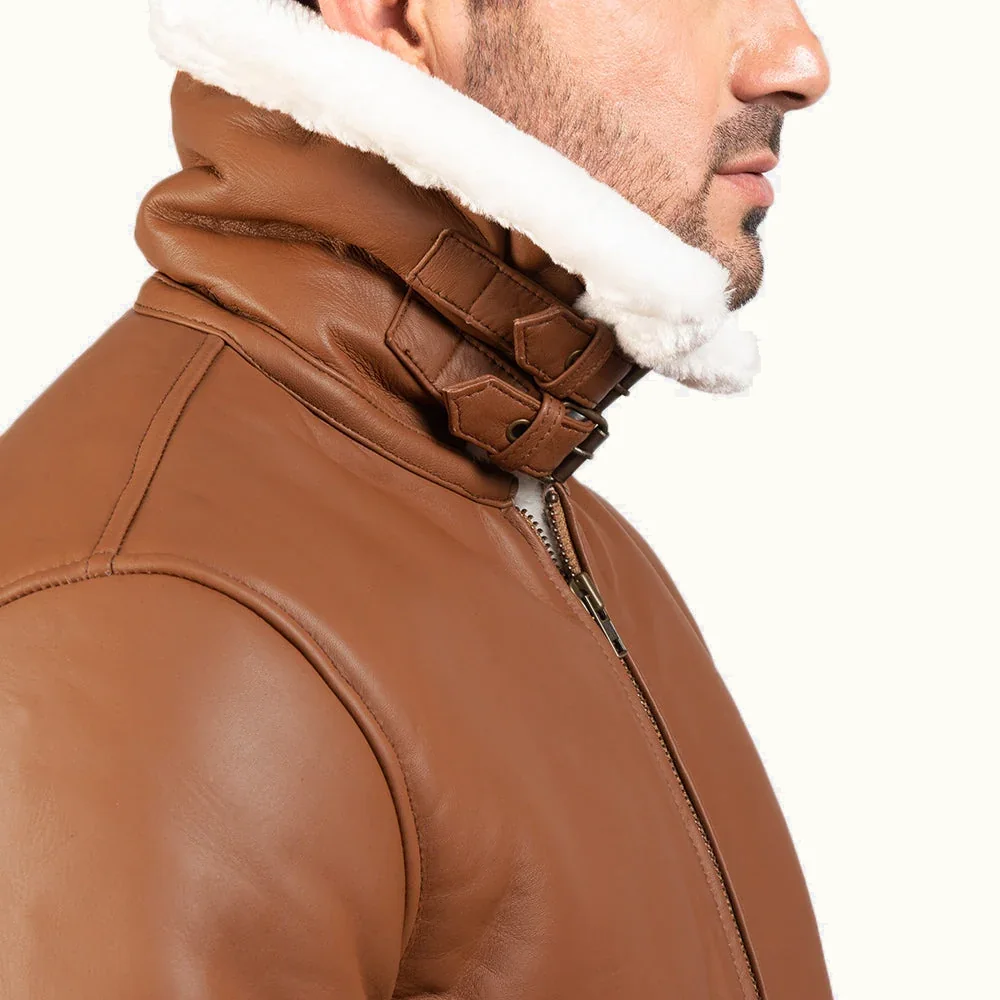 Magnus braune B-3 Leder Fliegerjacke Herren Detail von weißem Kunstfellkragen und Schnalle