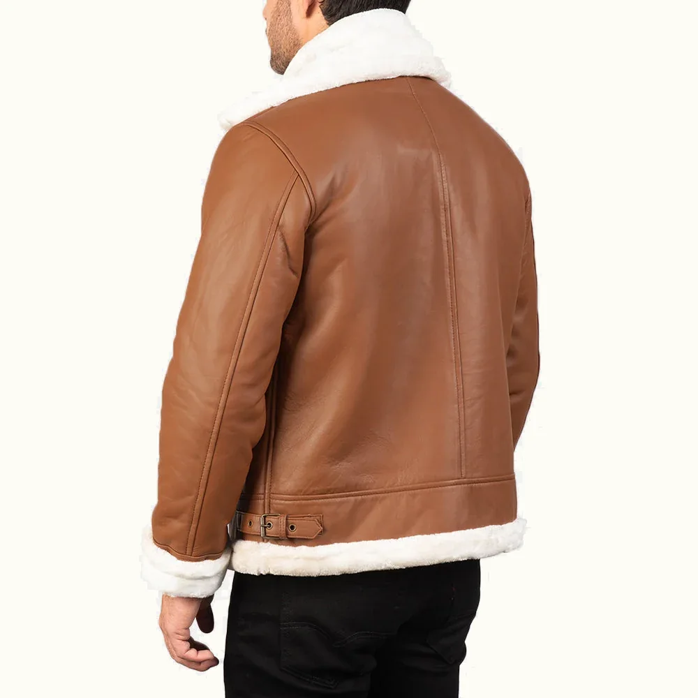 Magnus braune B-3 Leder Fliegerjacke Herren mit weißem Kunstfell Rückansicht