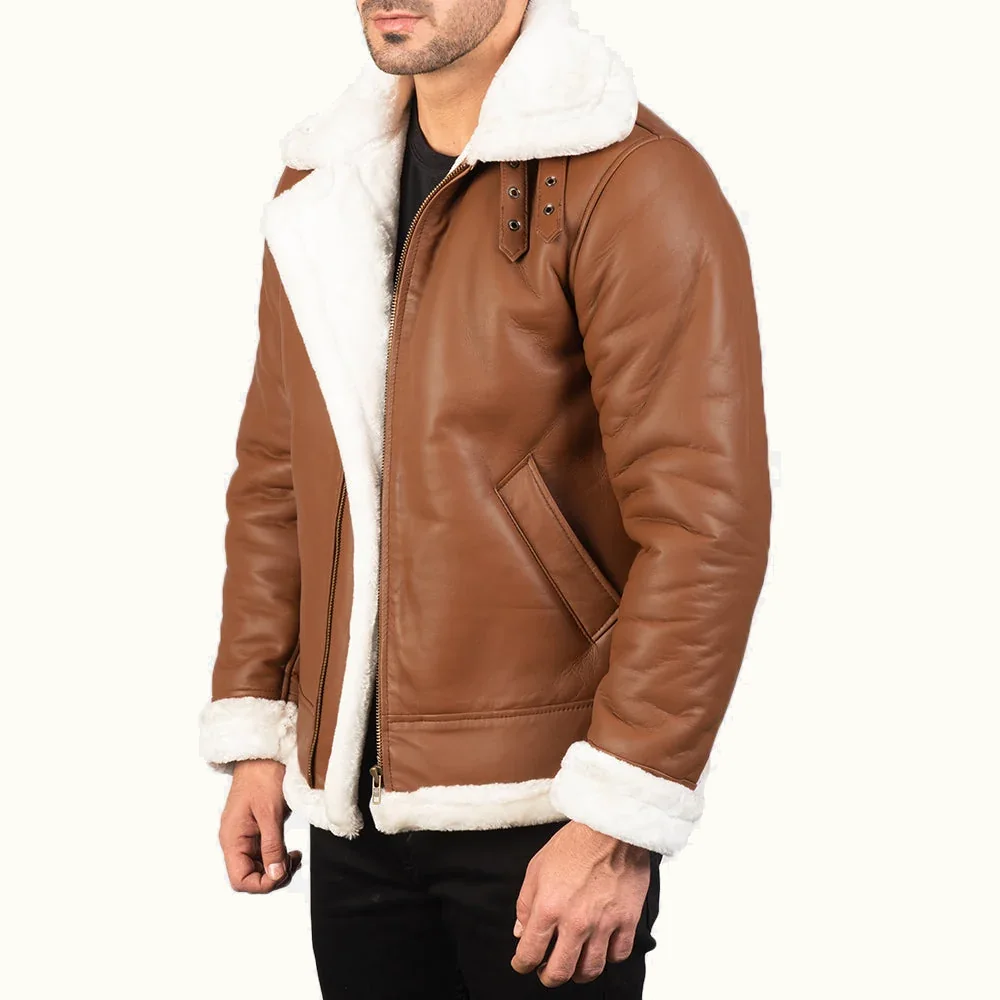 Magnus braune B-3 Leder Fliegerjacke Herren mit weißem Kunstfell Seitenansicht