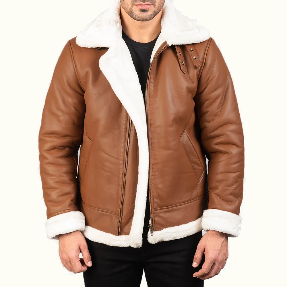 Magnus braune B-3 Leder Fliegerjacke für Herren mit weißem Kunstfell offene Vorderansicht
