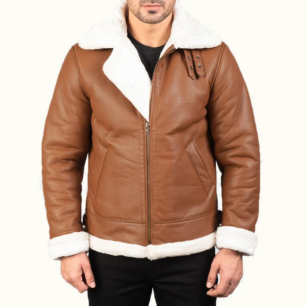 Magnus braune B-3 Leder Fliegerjacke für Herren mit weißem Kunstfell Vorderansicht