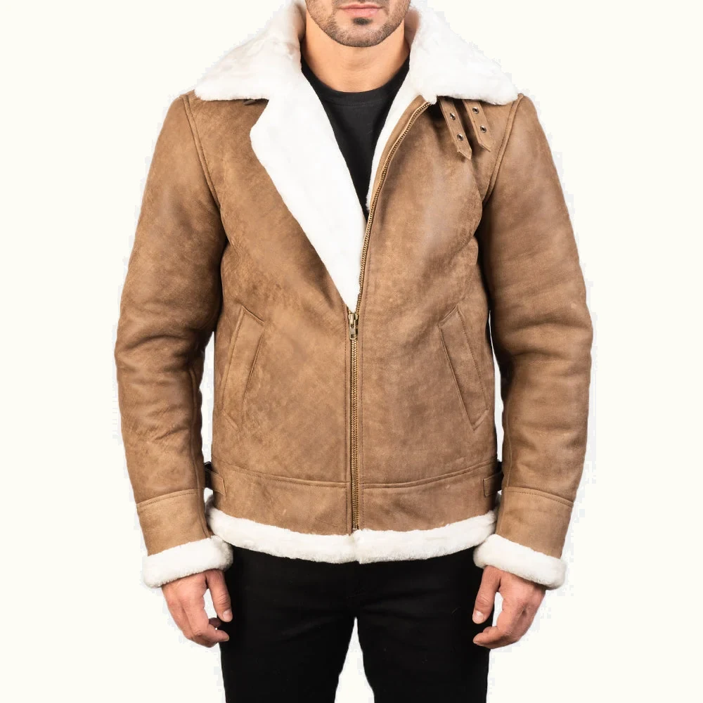 Magnus B-3 Leder Fliegerjacke Herren Used-Braun mit weißem Kunstfell offene Vorderansicht