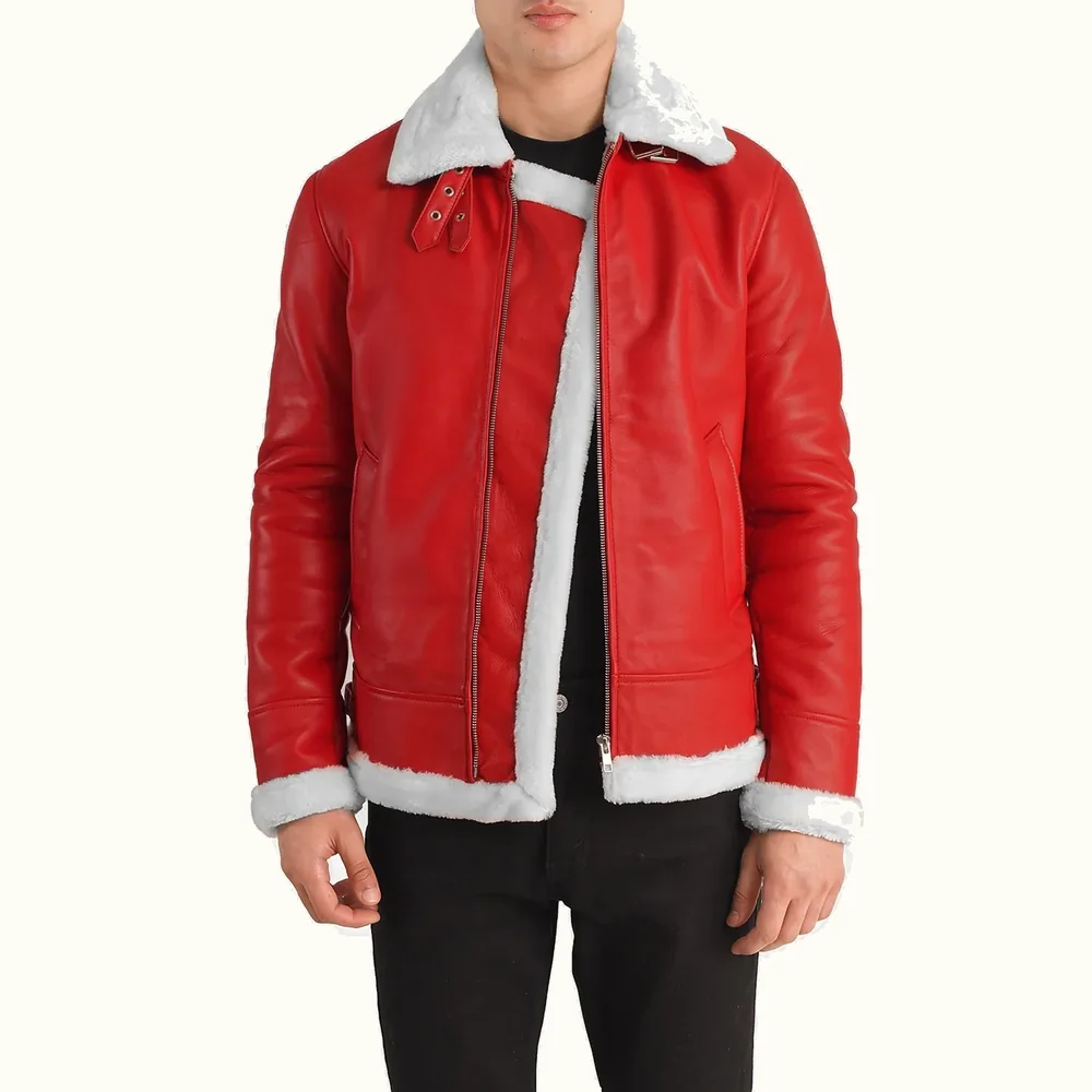 Magnus rote B-3 Leder Fliegerjacke für Herren mit weißem Kunstfell offene Vorderansicht