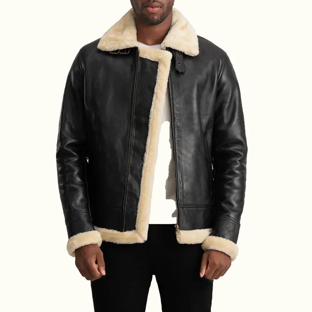 Magnus B-3 Leder Fliegerjacke für Herren Schwarz-Creme mit Kunstfell offene Vorderansicht