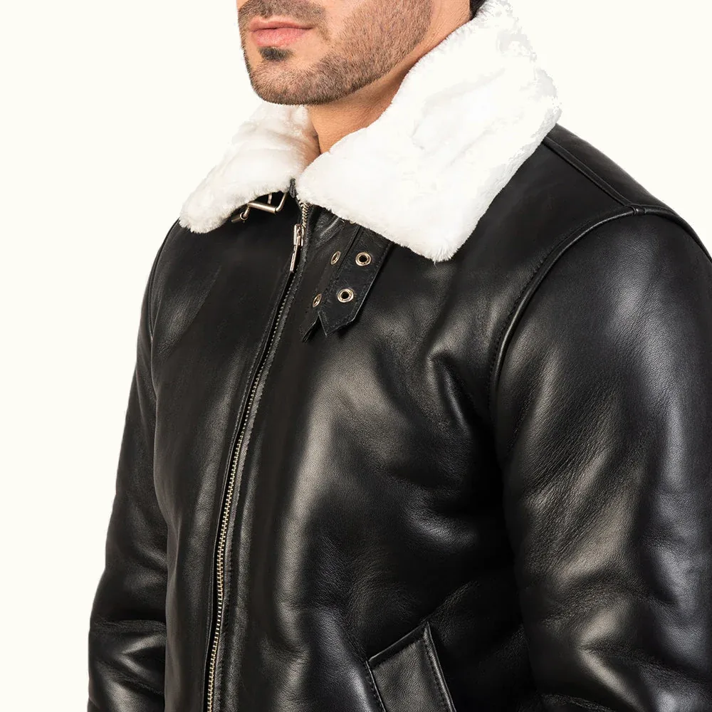Magnus schwarze B-3 Leder Fliegerjacke Herren Detail von weißem Kunstfellkragen und Schnalle