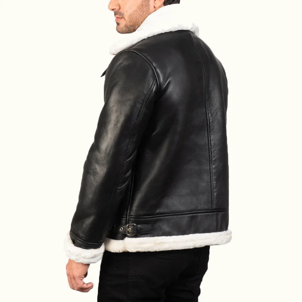 Magnus schwarze B-3 Leder Fliegerjacke Herren mit weißem Kunstfell Rückansicht