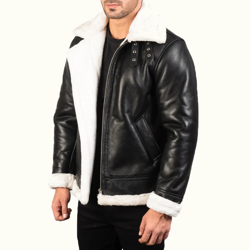 Magnus schwarze B-3 Leder Fliegerjacke Herren mit weißem Kunstfell Seitenansicht