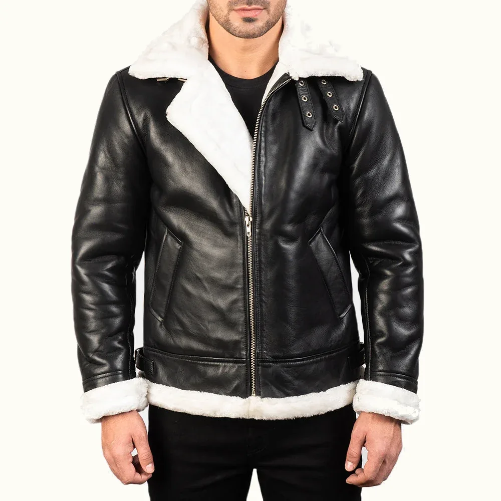 Magnus schwarze B-3 Leder Fliegerjacke für Herren mit weißem Kunstfell offene Vorderansicht