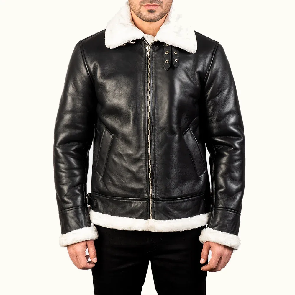 Magnus schwarze B-3 Leder Fliegerjacke für Herren mit weißem Kunstfell Vorderansicht