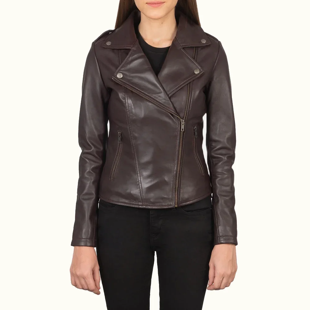 Mirella Bordeaux Leder Bikerjacke für Damen aus Schafsleder Frontansicht geschlossen
