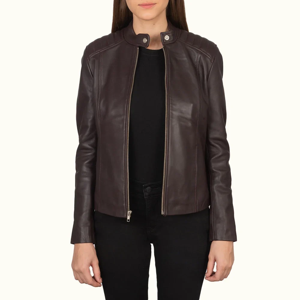Nadira Bordeaux gesteppte Leder Bikerjacke für Damen Frontansicht offen