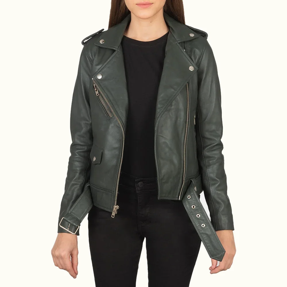 Serena grüne Leder Bikerjacke mit Gürtel für Damen Frontansicht offen