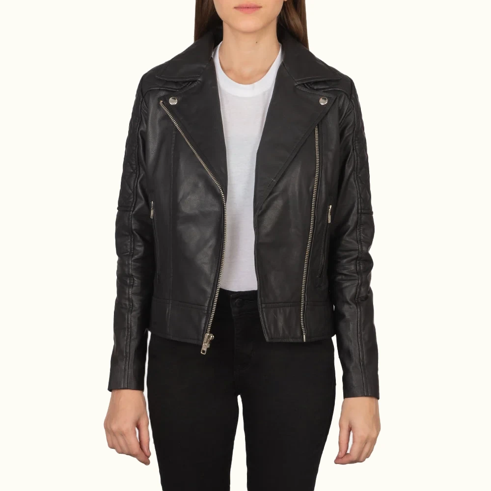 Valeria schwarze gesteppte Leder Bikerjacke für Damen aus Ziegenleder Frontansicht offen