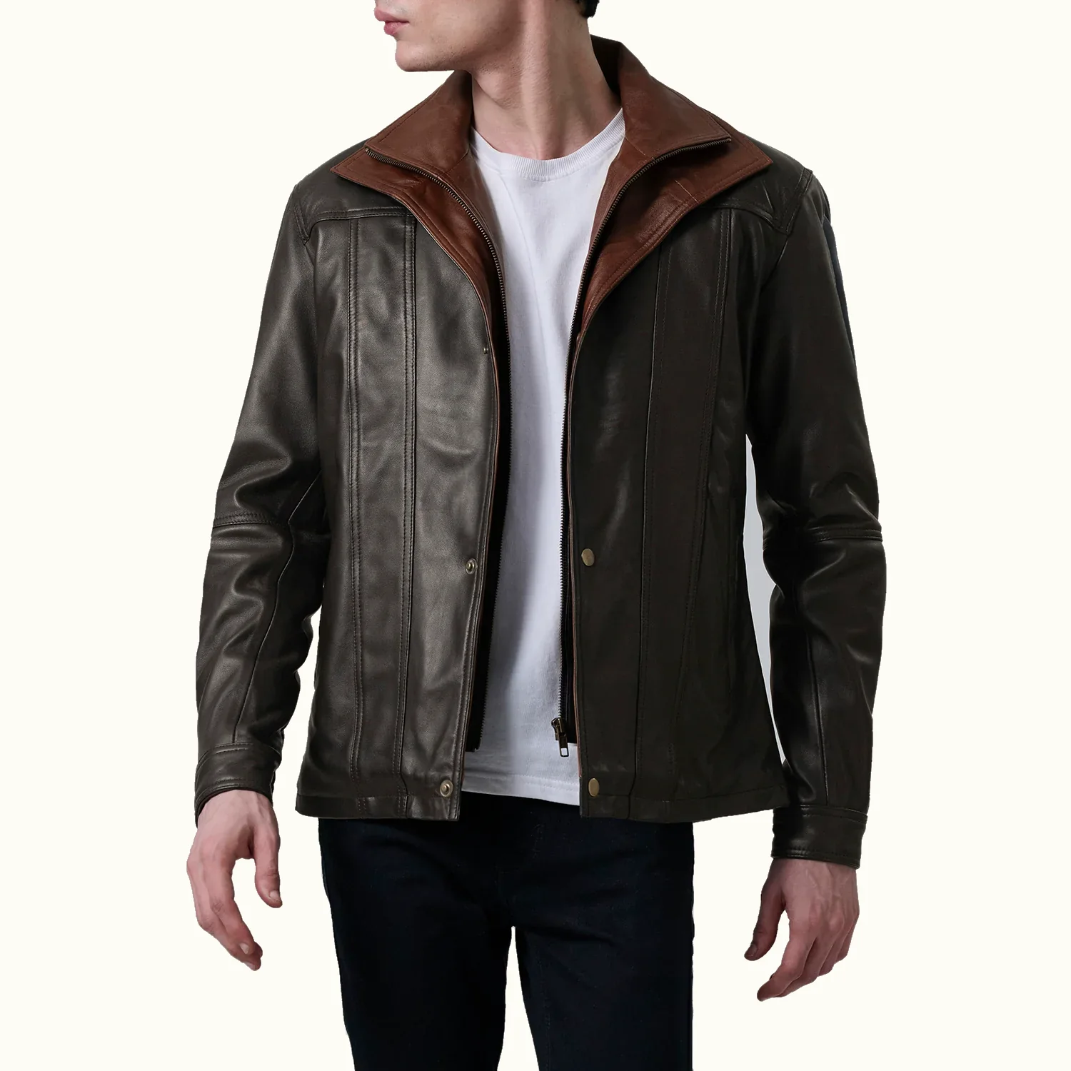 Alden braune Lederjacke Herren mit Hemdkragen schräg von vorn