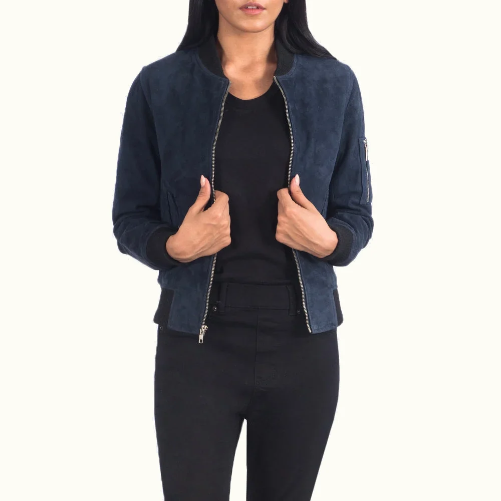 Ava MA-1 blaue Wildleder Bomberjacke für Damen – Vorderansicht offen