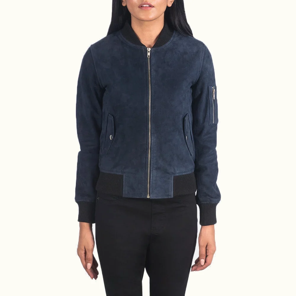 Ava MA-1 blaue Wildleder Bomberjacke für Damen aus Schafsleder – Vorderansicht