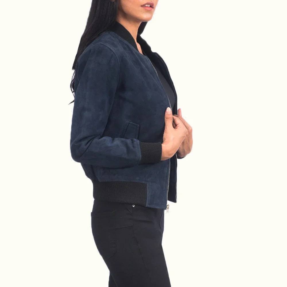 Ava MA-1 blaue Wildleder Fliegerjacke für Damen – seitliche Ansicht