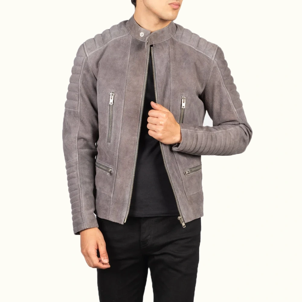 Kiel graue Wildleder Bikerjacke für Herren aus Schafsleder in Vorderansicht