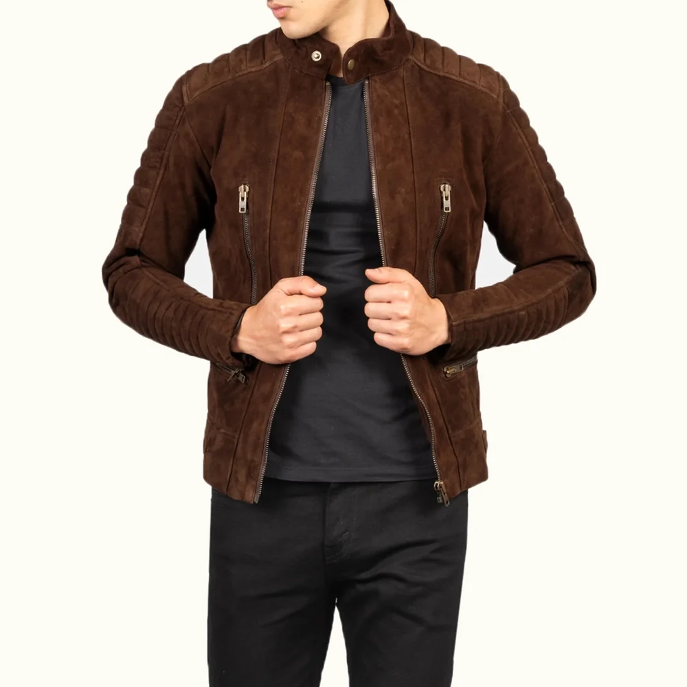 Kiel mokkabraune Wildleder Bikerjacke für Herren aus Ziegenleder in Vorderansicht