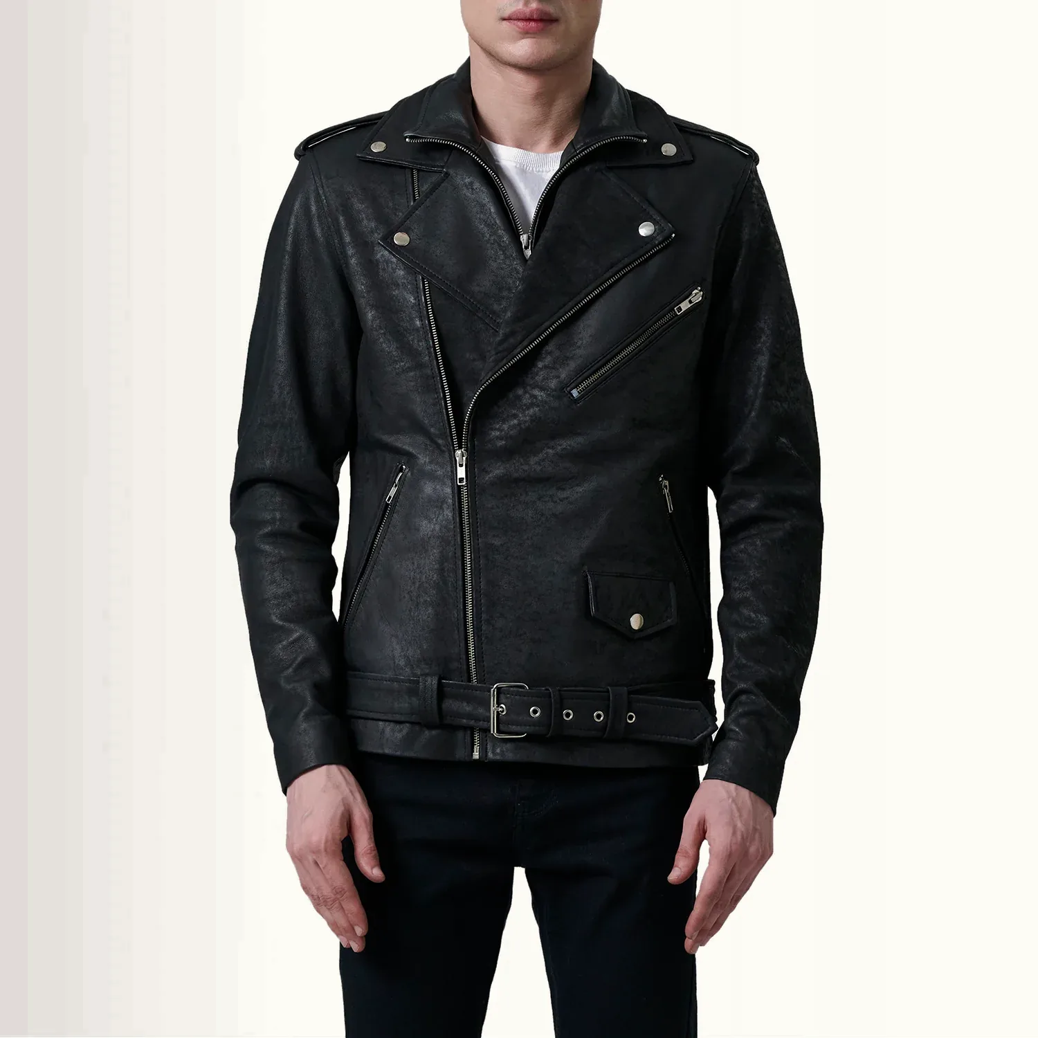 Köln distressed schwarze Biker Lederjacke Herren geschlossen mit Taillengürtel