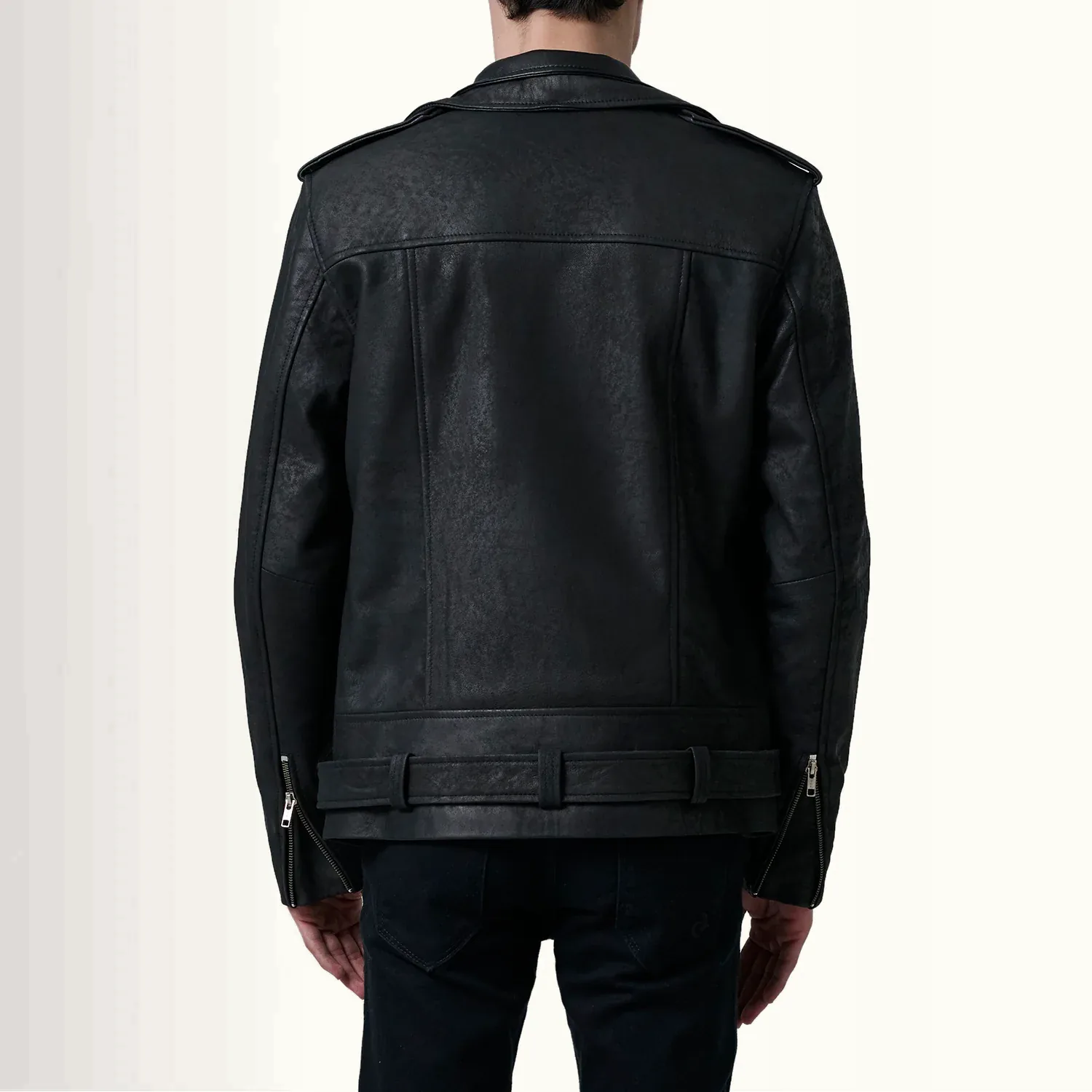 Köln distressed schwarze Biker Lederjacke Herren aus Schafsleder in Rückansicht