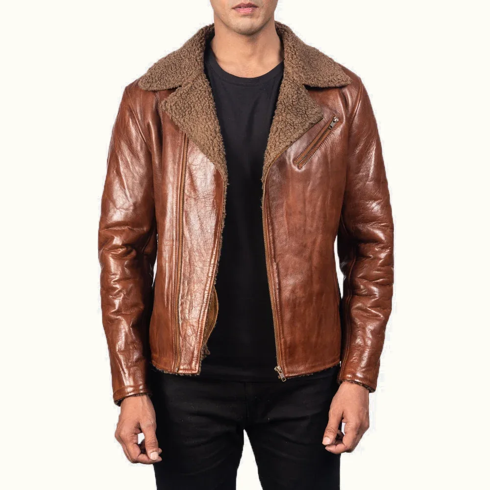 Lorenz braune Biker Lederjacke für Herren aus Schafsleder in Vorderansicht