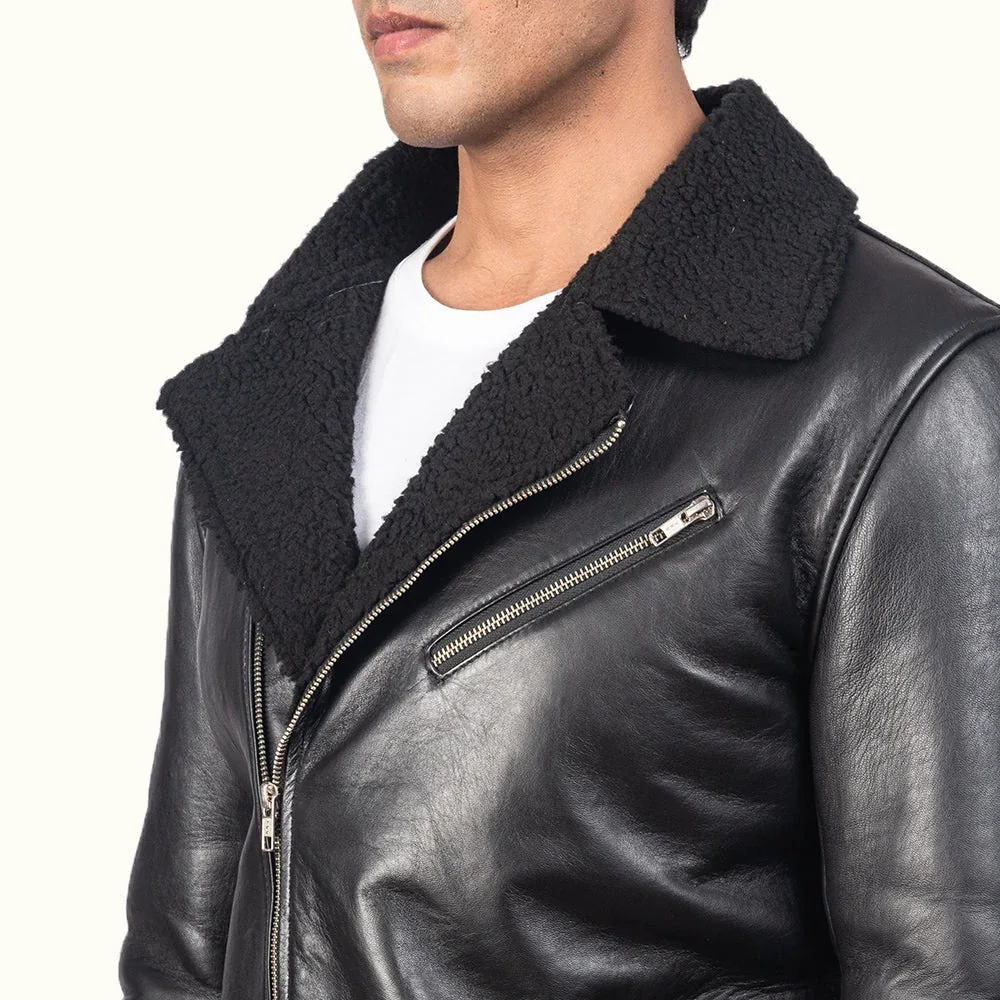 Detail der Lorenz schwarzen Biker Lederjacke Herren mit schwarzem Kunstfellfutter und Reverskragen