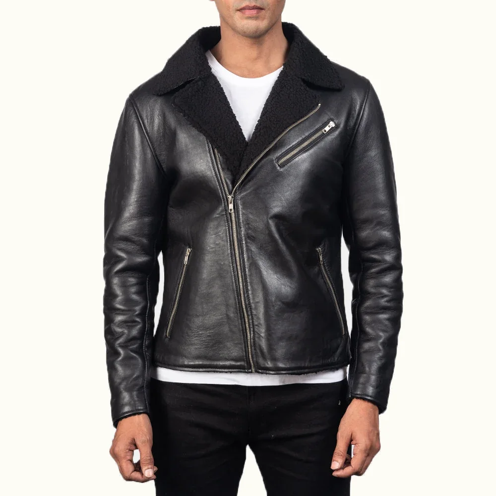 Lorenz schwarze Biker Lederjacke Herren geschlossen mit schwarzem Kunstfellfutter und Reverskragen