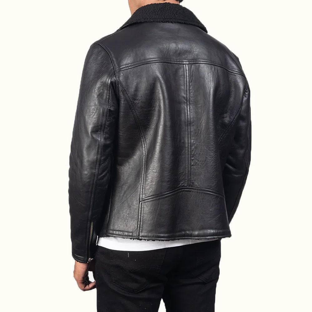 Lorenz schwarze Biker Lederjacke für Herren aus Schafsleder mit schwarzem Kunstfellfutter in Rückansicht
