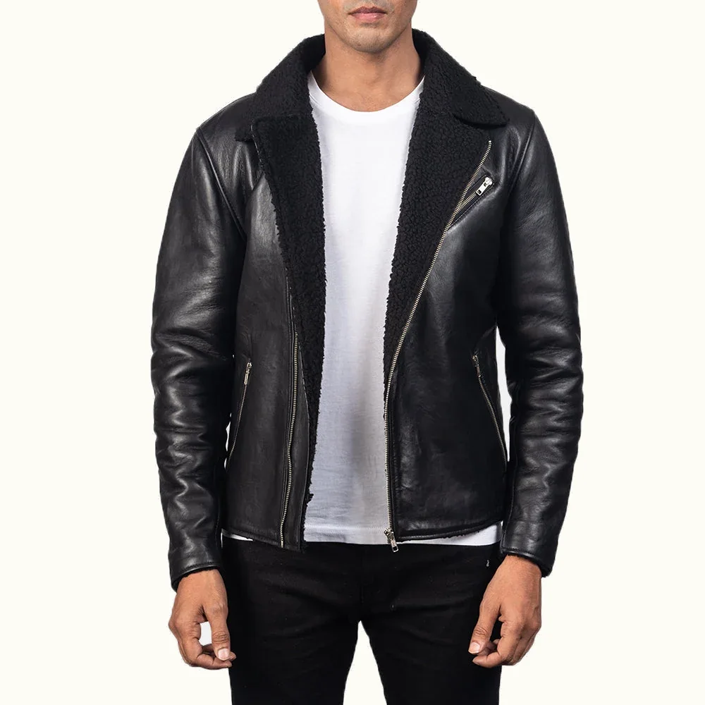 Lorenz schwarze Biker Lederjacke für Herren mit schwarzem Kunstfellfutter in Vorderansicht