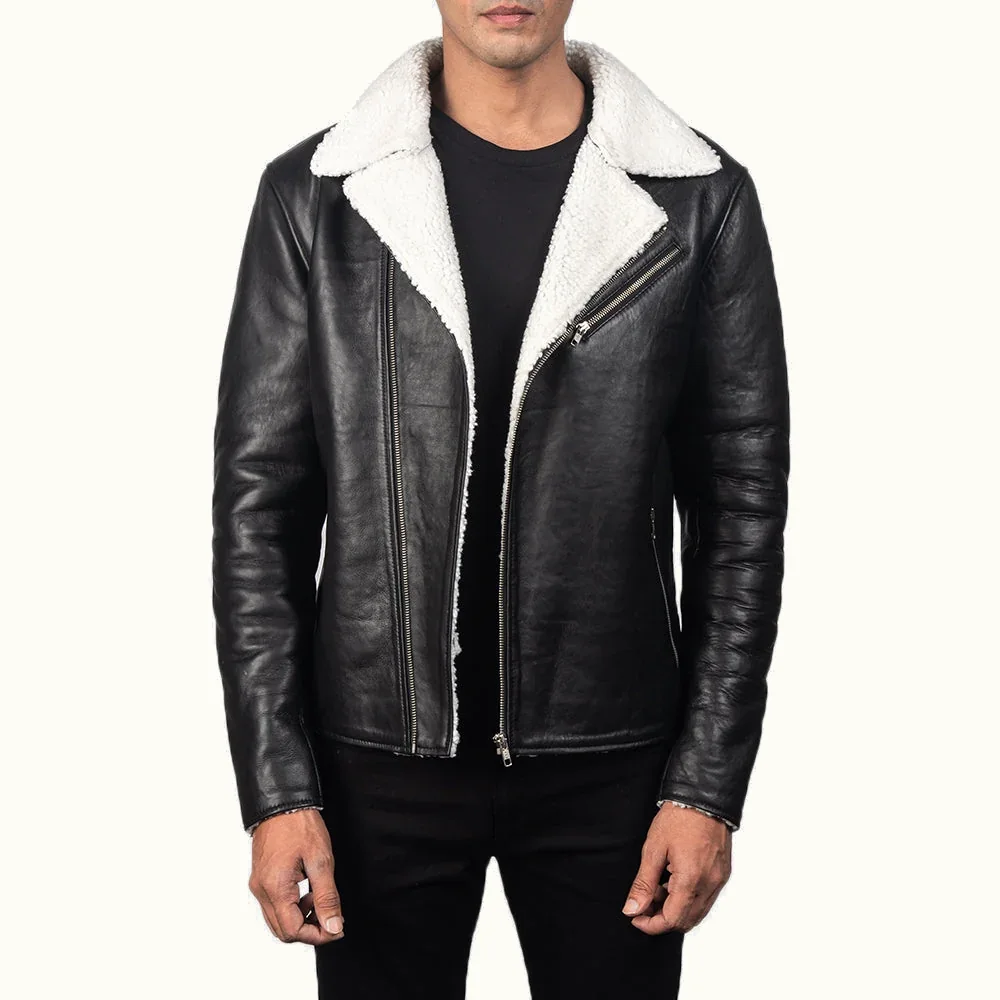 Lorenz schwarze Biker Lederjacke für Herren mit weißem Kunstfellfutter in Vorderansicht