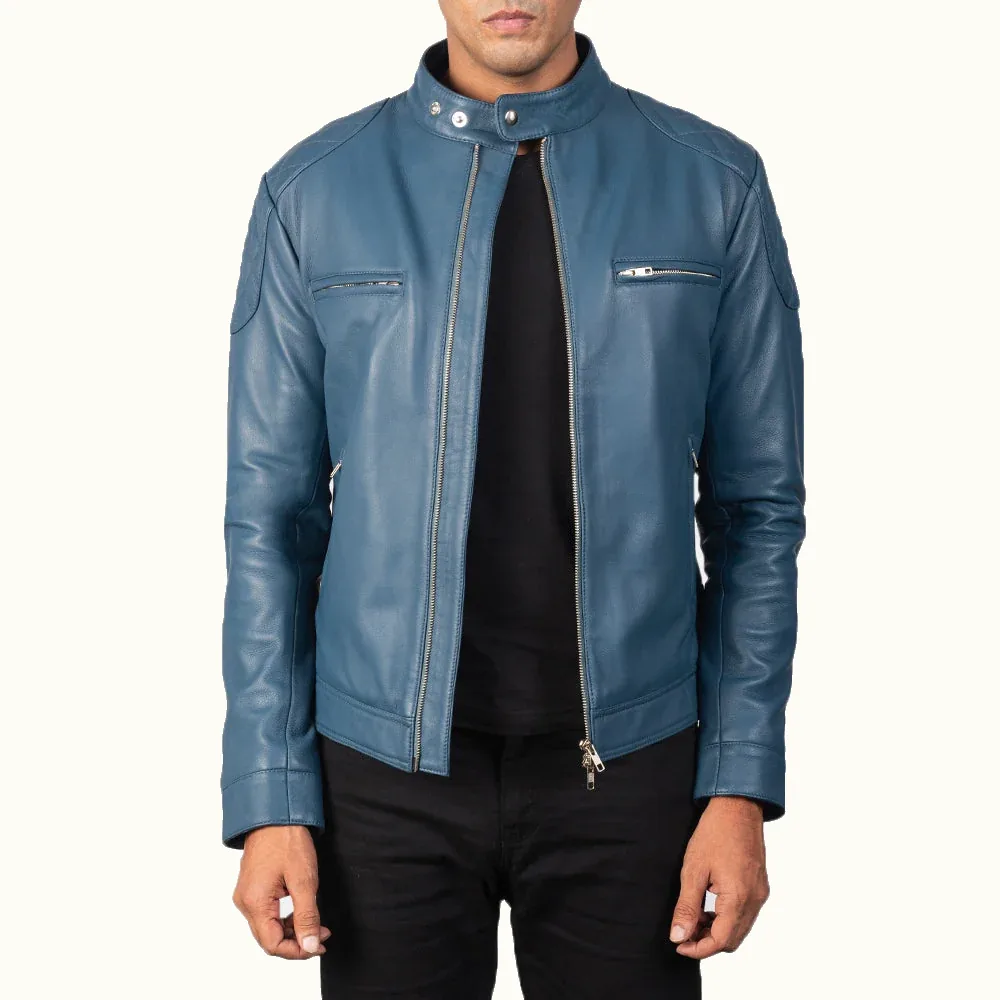 Nordvik blaue Biker Lederjacke Herren aus Schafsleder in Vorderansicht