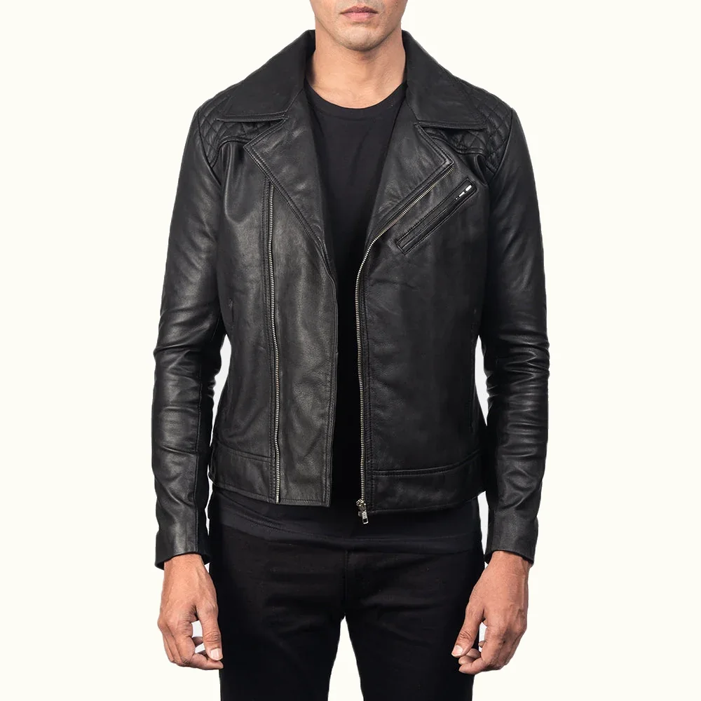 Oslo schwarze gesteppte Biker Lederjacke Herren aus Ziegenleder in Vorderansicht
