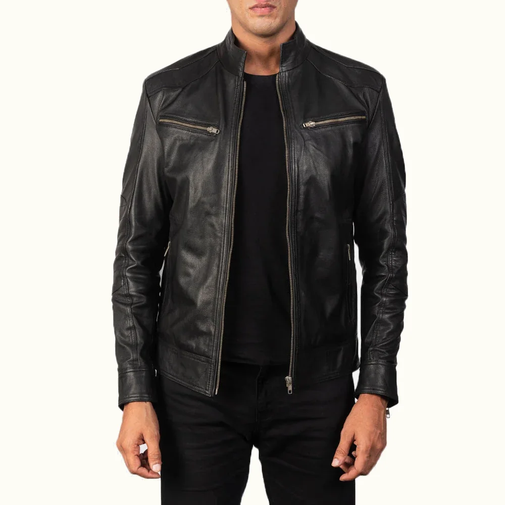 Rostock schwarze Biker Lederjacke Herren aus Ziegenleder in Vorderansicht